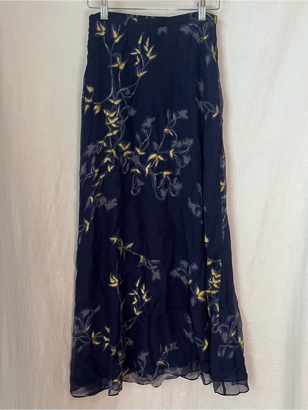 Oscar de la Renta Vintage Silk Chiffon Floral Maxi A-Line Skirt Navy Sz 2